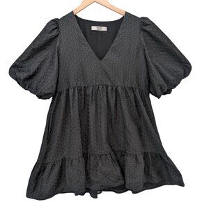 Crosby Mollie Burch Izzy Mini Dress Solid Black Textured Tiered Puff Sleeve Sz S